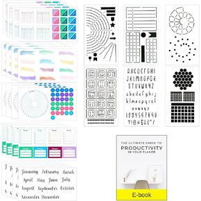 Ultimate Productivity Stencils & Stickers - x20 Sheets of Planner Stickers, x6 Stencils - Calendars, to Do Lists, Habit Trackers, Goals - Accessories & Supplies for Bullet Journals by Sunny Streak