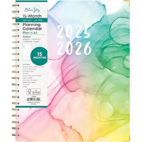 Blue Sky 15 Month 2025-2026 Weekly and Monthly Academic Year Planner Calendar, April 2025 - June 2026, 8.5" x 11", Hard Cover, Wirebound, Laminated Tabs, Storage Pocket, Includes Ruler & Stickers, Londonberry White