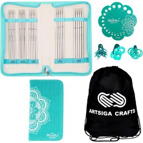 Knitpro Mindful Compassion Set 6 Inch DPN Double Pointed Knitting Needles Size 4, 5, 6, 7, 8 with Gauge, Stitch Markers & More, Fabric Case with Project Bag