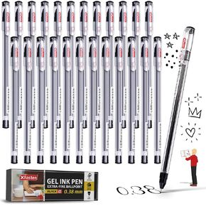 XFasten Extra Fine Point Pens 0.38mm 24-Pack Japanese-Style Fine Tip Gel Ink Ballpoint Pen Black, Smooth Ink Flow, Smudge-Free, Quick-Drying, No Smear for Journaling, Note-Taking, Office, and School