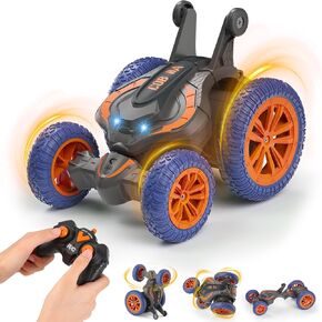 MFTEK Remote Control Car RC Stunt Cars 4WD Toys Birthday Gifts for Kids 6-8-12, Double-Sided Driving 360° Rotate Transform Drift RC Cars with Light (Orange)