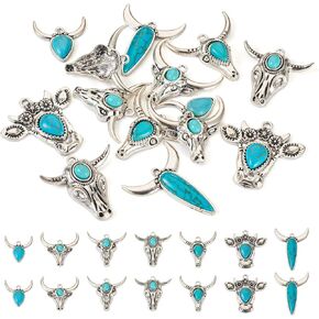 Pandahall 14Pcs Cattle Head Turquoise Charms Tibetan Turquoise Pendants 7 Styles Western Charms for Women Jewelry Making Bracelet Necklace Earring DIY Crafts