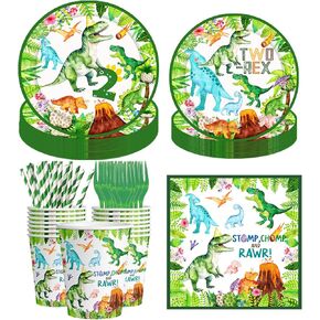 126pcs Two Rex Birthday Decorations Boy Watercolor Dinosaur Party Supplies include Plates Napkins Cups Trex Banner Forks Straws for Boys 2nd Birthday Dinosaur Party Supplies Decorations