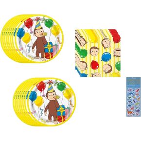 Unique Curious George Party Supplies Bundle Pack for 16 includes 16 Dessert Cake Paper Plates 7",16 Paper Napkins 6.5", 1 Dinosaur Sticker Sheet