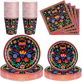 Domensi 400 Pieces Mexican Party Decoration Supplies Fiesta Tableware Set, Includes Mandala Flower Mexican Paper Plates and Napkins Cinco De Mayo Paper Cups for Taco Tuesday Birthday Party Decor