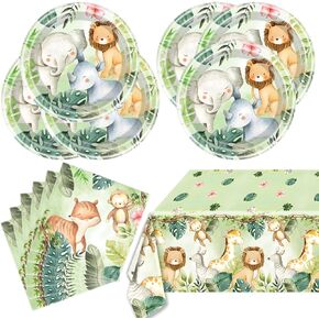 Safari Jungle Baby Shower Plates Set Decorations 20 Plates and 20 Napkins and Tablecloth86‘’ x 51‘’,For Boys and Girls Jungle Animal Theme Birthday Party Supplies