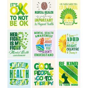 Mental Health Awareness Posters Inspirational Psychology Poster Bulk Set Motivational Therapy Bulletin Board Decoration Positive Counseling Ornaments for School Classroom Office Supplies 9Pcs