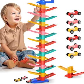 Montessori Toy for Toddlers 3-8, Car Ramp Toys with 6 Small Cars & 23-Layer High Race Tracks, 18 Month Old Toys for Kids
