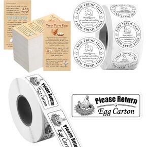 Fresh Farm Egg Packaging Set Include 500 Pcs Farm Fresh Eggs Carton Labels Roll 200 Pcs Double Sided Egg Handling Instruction Cards 500 Pcs Please Return Egg Carton Labels Stickers Roll