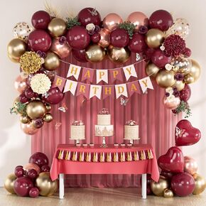Burgundy Birthday Party Decorations with Happy Birthday Banner Tissue Tassels Paper Pompoms Butterfly Decorations Foil Balloons Happy Birthday Decorations for Women Adults