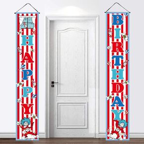 Happy Birthday Porch Banner for Dr Seuss with 70.8X11.8 inches, Red and Blue Stripes Cartoon Window Kite Birthday Door Sign for the Cat in the Hat Birthday Party Decorations