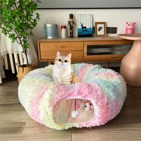 Cat Tunnel Bed for Indoor Cats Colorful Plush, Collapsible PlayTube with Removable Cushion, Sturdy Cat Toy Playhouse, Soft Cat Hideaway for Kittens and Large Cats, Easy to Clean and Portable