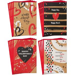 Hallmark Kraft Valentine's Day Card Assortment (16 Cards with Envelopes) Red, Black, White