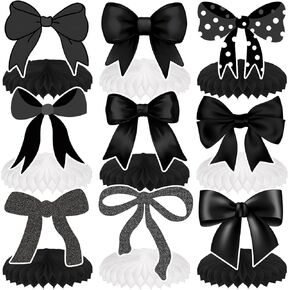 9 PCS Black Coquette Bow Honeycomb Centerpieces, Black Bow Coquette Birthday Party Table Centerpieces Decorations Supplies for Bridal Shower Bachelorette