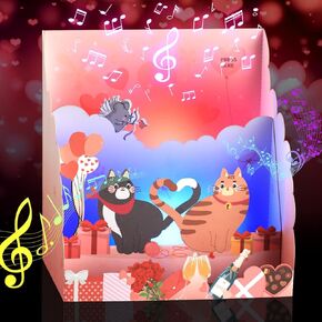 Cat Anniversary Card, Lights and Music Valentines Day Cards for Her Him, 3D Pop Up Anniversary Card for Wife Husband Couple Boyfriend Girlfriend, Cat Lovers Wedding Anniversary