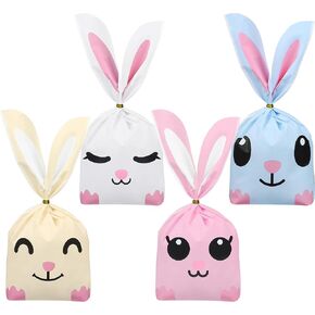 peony man 100 PCS Easter Bunny Goodie Bags Easter Bunny Candy Gift Bags Long Ear Party Favor Bags Plastic Easter Treat Bags with Twist Tie for Gift Cookie Packing Party Supplies