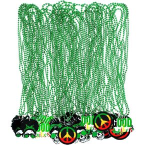 Sasylvia 60 Pcs Pot Leaves Bead Necklaces Green Metallic Bead Necklaces with Felt Pendant in 6 Classic Style Pot Leaves Necklaces Bulk for Adults Birthday Party Decoration