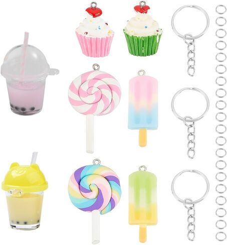 SUNNYCLUE DIY 36PCS الحليب الشاي مفتاح سلسلة صنع عدة قوس قزح مصاصة الراتنج المعلقات مع حلقات المفاتيح سبليت وخواتم تقسيم لحلق سوار قلادة مفتاح سلسلة مجوهرات الحرف صنع in Kuwait