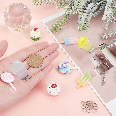 SUNNYCLUE DIY 36PCS الحليب الشاي مفتاح سلسلة صنع عدة قوس قزح مصاصة الراتنج المعلقات مع حلقات المفاتيح سبليت وخواتم تقسيم لحلق سوار قلادة مفتاح سلسلة مجوهرات الحرف صنع in Kuwait