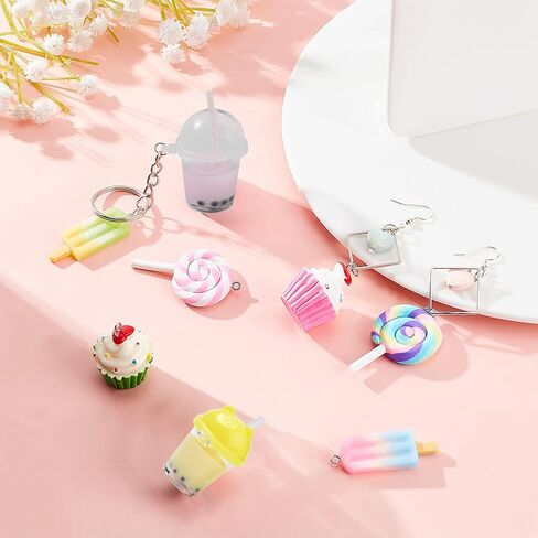 SUNNYCLUE DIY 36PCS الحليب الشاي مفتاح سلسلة صنع عدة قوس قزح مصاصة الراتنج المعلقات مع حلقات المفاتيح سبليت وخواتم تقسيم لحلق سوار قلادة مفتاح سلسلة مجوهرات الحرف صنع in Kuwait