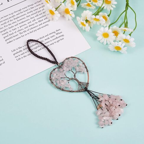 Natural Amethyst Tree of Life Pendant Heart Shaped Tree of Life Charm Red Copper Plated Brass Wires and Nylon Cord for Home Car Ornament Tassel Yoga Healing Lucky Jewelry in Kuwait