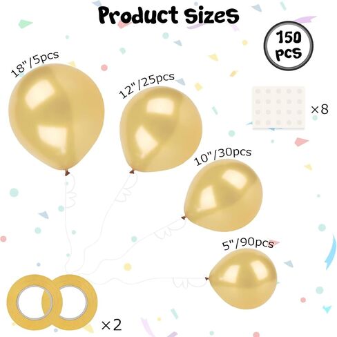 LovesTown 150PCS Metallic Gold Balloons, Different Sizes 18 12 10 5 Inches Latex Balloons Garland with Ribbon for Birthday Wedding Graduation Holiday Decoration in Kuwait