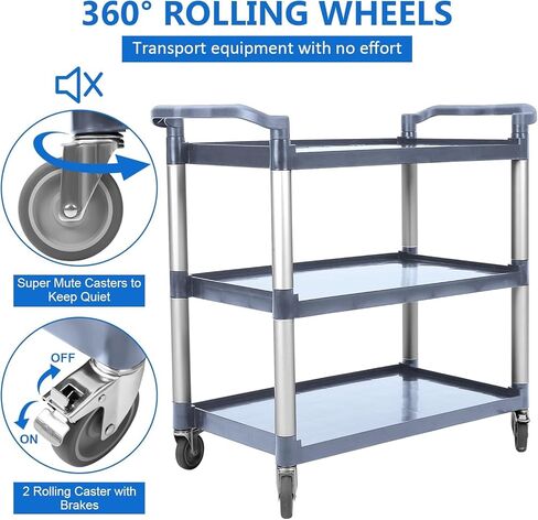3-Tier Plastic Service Utility Cart with Wheels, Service Cart Heavy Duty 3-Shelf Rolling Utility/Push Cart, Food Service Cart for Foodservice/Commercial/Restaurant/Office/Kitchen/Hotel, Grey in Kuwait