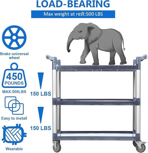 3-Tier Plastic Service Utility Cart with Wheels, Service Cart Heavy Duty 3-Shelf Rolling Utility/Push Cart, Food Service Cart for Foodservice/Commercial/Restaurant/Office/Kitchen/Hotel, Grey in Kuwait