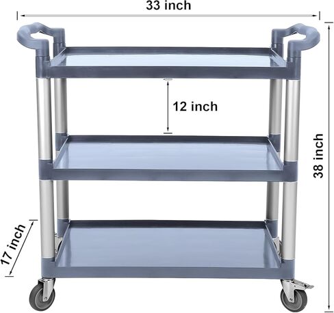 3-Tier Plastic Service Utility Cart with Wheels, Service Cart Heavy Duty 3-Shelf Rolling Utility/Push Cart, Food Service Cart for Foodservice/Commercial/Restaurant/Office/Kitchen/Hotel, Grey in Kuwait
