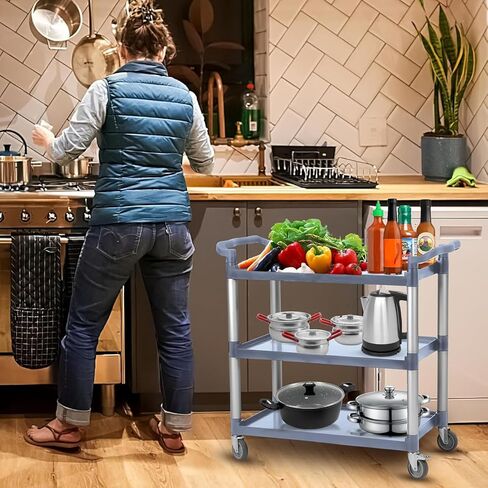 3-Tier Plastic Service Utility Cart with Wheels, Service Cart Heavy Duty 3-Shelf Rolling Utility/Push Cart, Food Service Cart for Foodservice/Commercial/Restaurant/Office/Kitchen/Hotel, Grey in Kuwait
