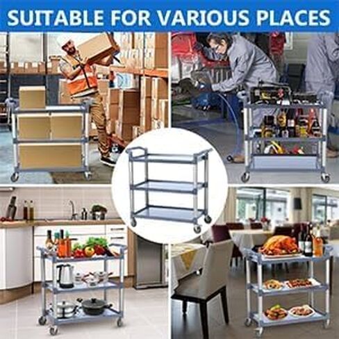 3-Tier Plastic Service Utility Cart with Wheels, Service Cart Heavy Duty 3-Shelf Rolling Utility/Push Cart, Food Service Cart for Foodservice/Commercial/Restaurant/Office/Kitchen/Hotel, Grey in Kuwait