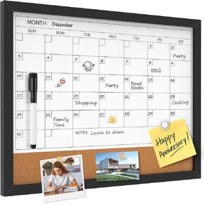 MaxGear Monthly Calendar Whiteboard & Linenboard for Wall, 17" x 13" Magnetic Dry Erase Board with White Wood Frame, Calendar/Linen Board Combination for Office, School, Home