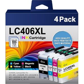LC406XL High Yield Ink Cartridge for Brother Printer for Brother LC406 Ink Cartridges LC406XL LC 406 XL use with Brother MFC-J4535DW MFC-J4335DW MFC-J5855DW MFC-J6555DW Printer (4 Pack)