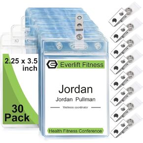 Fushing Name Badge Holders with Clips - 60Pcs Waterproof Vertical Clear Plastic ID Badge Name Tag Holders with Metal Clips and Vinyl Straps