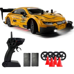 1:20 RC DRIFT CAR 4WD 2.4GHz 28km+/H سيارة رياضية رياضية عالية السرعة مع مصابيح LED عجلات سباق السرعة متغيرة بلا حدود وعجلات الانجراف (أصفر)