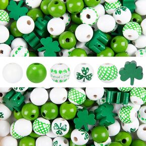 Whaline 180Pcs St. Patrick's Day Craft Beads with 10m / 32.8ft Hemp Rope White Green Grid Round Clover Shaped Wooden Spacer Bead for DIY Craft Handmade Home Decoration, 6 Designs