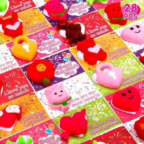 28 Packs Valentines Day Gards with Mochi Squishy Toy, Kawaii Stress Relief Squeeze for Kids, Exchange Gifts Classroom Prizes for School Boys Girls Valentine's Party Favors