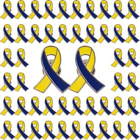 WANDIC 50 Pcs Yellow&Blue Ribbon Brooches, 0.98 * 0.78in Alloy Down Syndrome Awareness Pins World Down Syndrome Day Ribbon Badges for Jewelry Making
