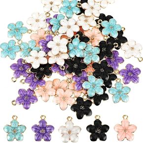 50pcs Enamel Cherry Blossoms Charms Pendant, Gold Plated Cute Flower Pendants Bracelet Charms for Jewelry Making Kit Bracelet Necklace Earrings Keychain DIY Crafts Crafting