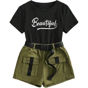 OYOANGLE Girl's 2 Piece Outfit Letter Print Short Sleeve Tee Shirt and Belted Cargo Shorts Set