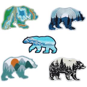 5Pcs 5 Style Bear Applique Patch Iron On Embroidered Patches Outdoor Nature Patch Cute Animal Patch for Craft Sewing Clothes Hats Backpacks Bag Pants Shirts Shoes