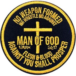 Man of God Isaiah 54:17 Patch 3 Inches Christian Religious Jesus Bible Verse Iron On/Sew On Embroidery Fabric Applique Patches for Trucker Hats Clothes Backpack DIY Accessories Friends Mom Gifts