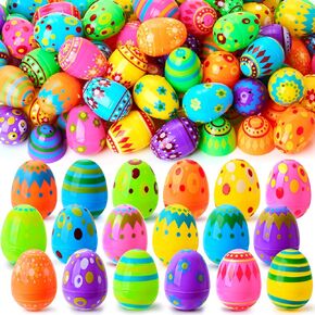 JOYIN 100 Pcs Plastic Printed Bright Easter Eggs 2.3" Tall for Easter Hunt, Basket Stuffers Fillers, Classroom Prize Supplies, Filling Treats and Party Favor