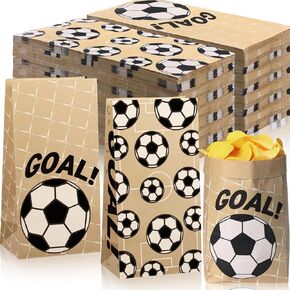 Watersay 100 Pcs Soccer Theme Kraft Paper Lunch Bags 12 x 6 x 4 Inch Sports Theme Brown Paper Food Bags Soccer Treat Bags for Storage Football Themed Party Supplies Grocery Gift Sandwich Snacks