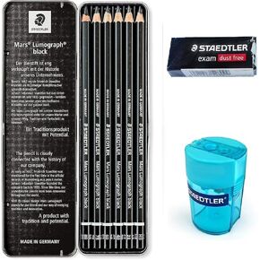 Staedtler Mars Lumograph Black Artist Wooden Lead Pencil - Box of 6 (8B 7B 6B 4B 2B HB) in Metal Box- with Tub 2-Hole Sharpener and Free Eraser