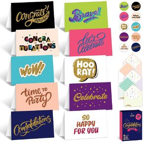 Decorably 50 Pack Glittery 6x4in Congratulations Card with Envelopes and Stickers, 10 Colorful Designs Congrats Cards Bulk, Blank Inside - Graduation, Engagement, Wedding
