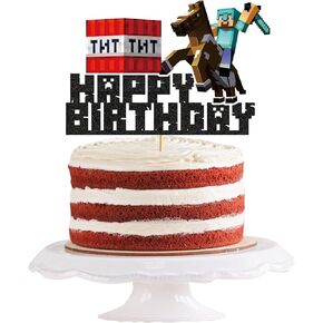 Pixel Cake Topper, Cake Decorations, Miner Cake Toppers, Birthday Party Decorations, Happy Birthday Decorations, Party Supplies Favors for Boys Kids Game Lovers, Pre-assembled 2D