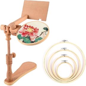 GeryVtee Embroidery Hoop Stand Wood Embroidery Hoop Holder 360°Adjustable Sitting Cross Stitch Stand Rotated Embroidery Hoop Stand with 4 Size Embroidery Hoops Lap Embroidery Hoop Holder for DIY Craft