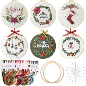 Canlierr 6 Sets Christmas Embroidery Kit with Pattern and Instructions Embroidery Starter Pattern Hoop Colored Threads Needlepoint Kit for Beginners Adults Supplies (Wreath)