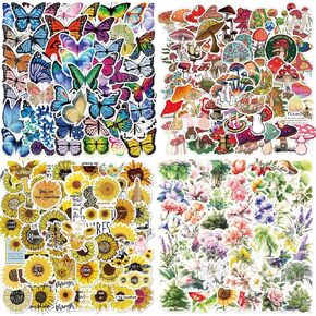 200 PCS Flower Stickers/Mushroom Stickers/Butterfly Stickers/Sunflower Stickers.Scrapbook Nature Bulk Stickers for Water Bottles Laptop Journal.Leaf Plant Stickers Pack for Adults Kids Girl Teens
